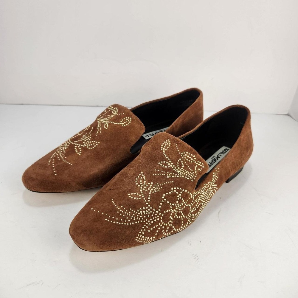 Karl Lagerfeld Paris Nova Women's 8M Brown Suede Gold Studded Floral Loafers